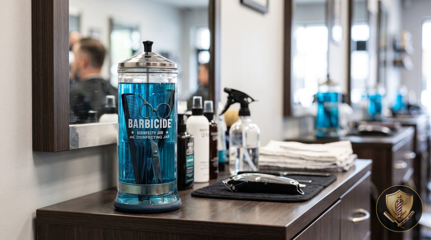 A barbicide disinfecting jar of blue solution with combs and shears submerged, standing on a barber's station counter next to clippers on a mat.