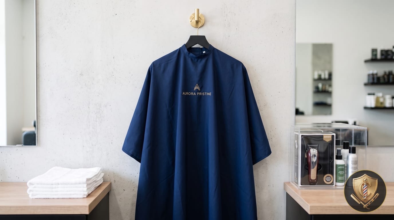A freshly laundered navy barber cape hanging on a hook, beside a stack of folded white towels.