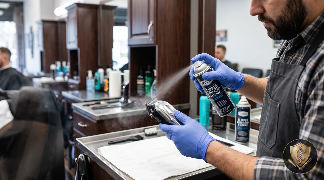 A gloved barber spraying clipper disinfectant onto the blades of a clipper held over a stainless tray.