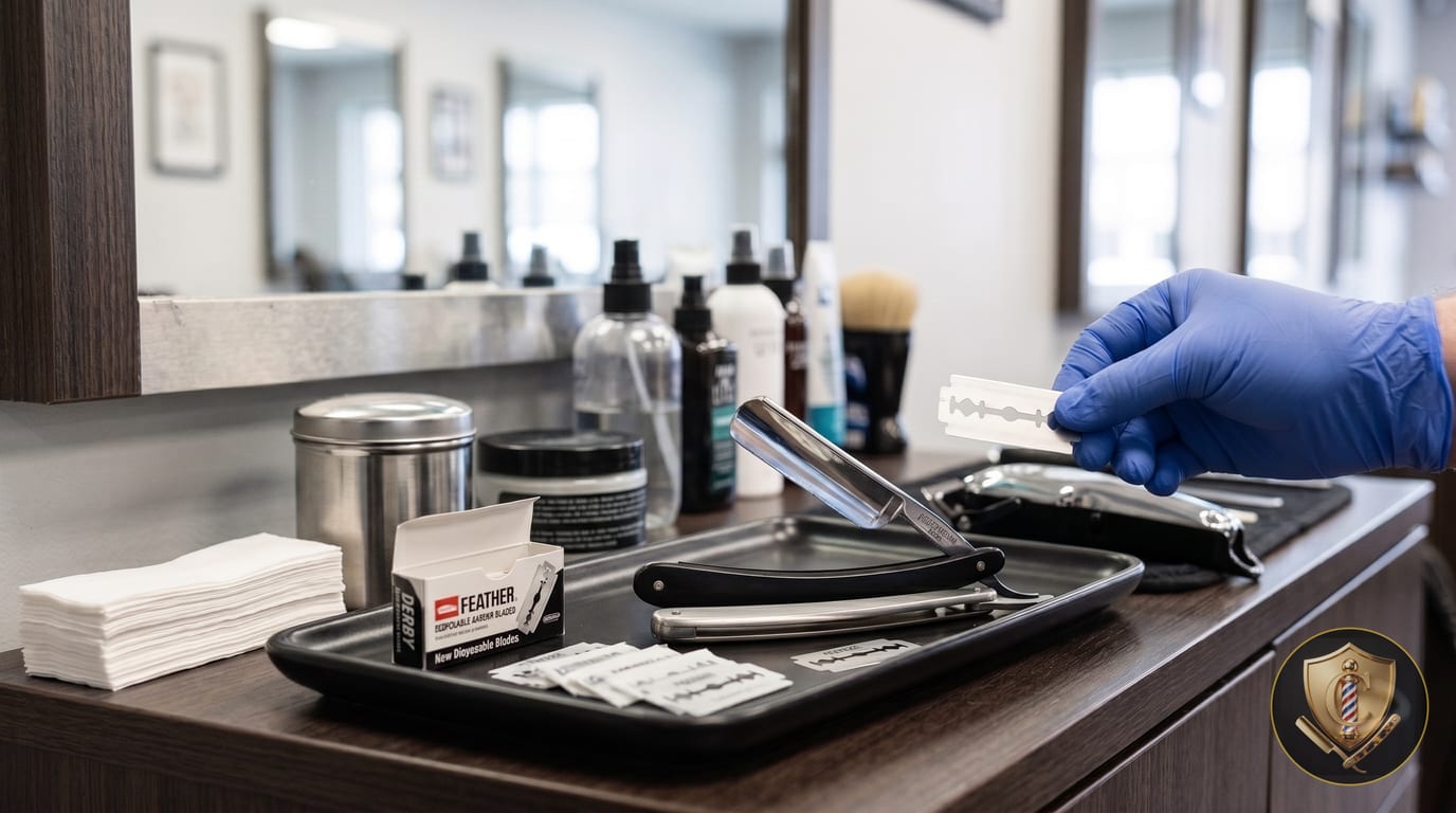 A gloved hand holding a new disposable razor blade above a tray holding a straight razor, a box of blades and individually wrapped blade packets.