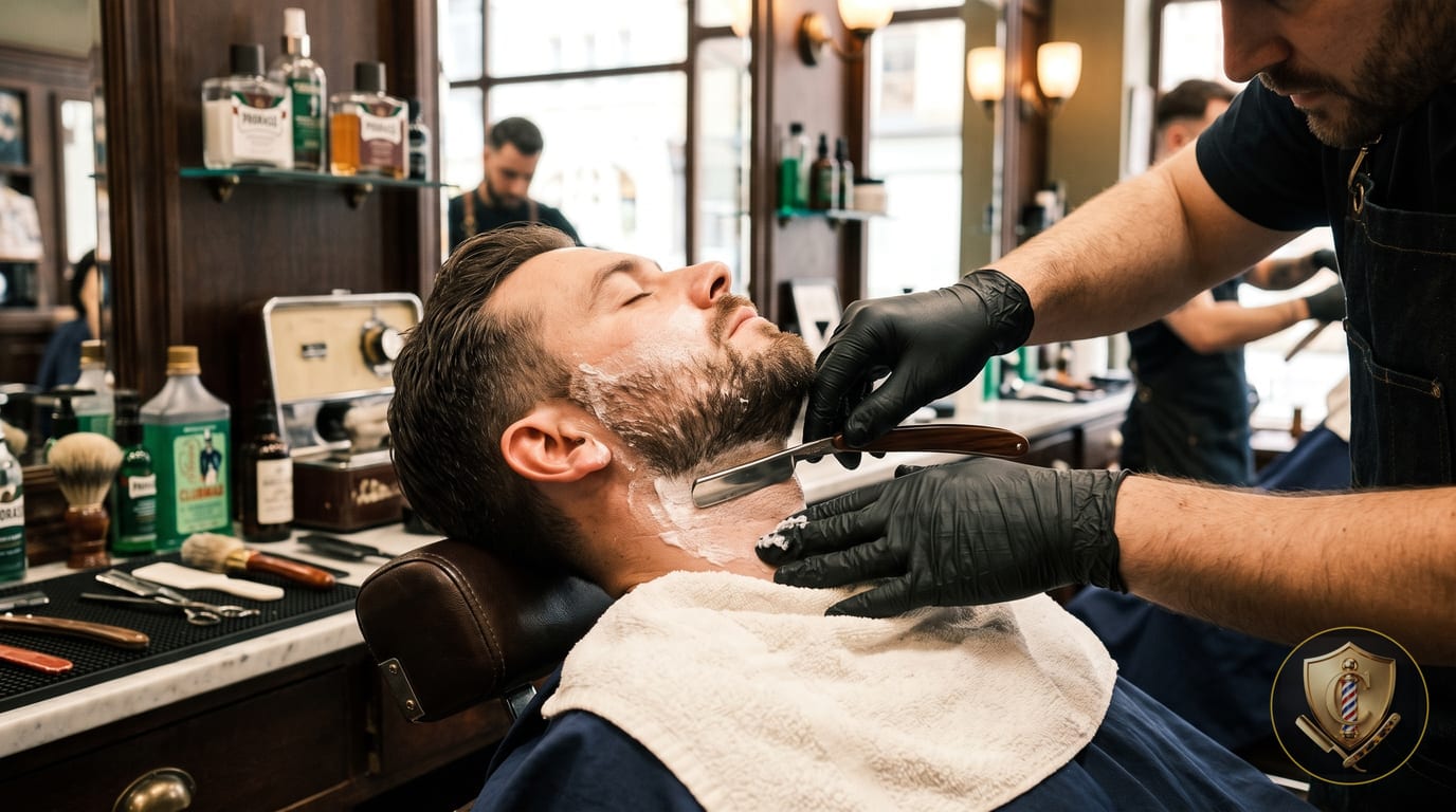 A gloved barber holding a straight razor against a reclining client's lathered jaw, the client's shoulders draped in a fresh towel.