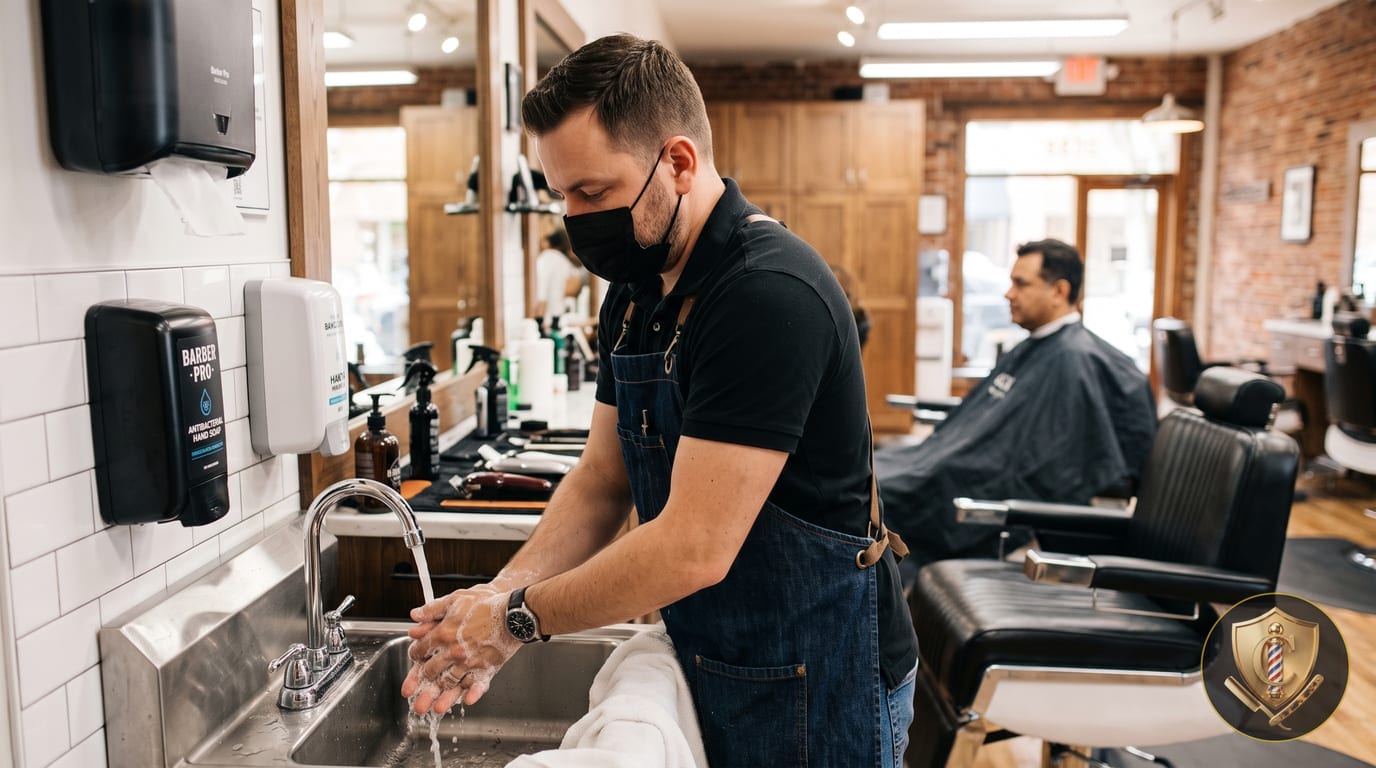 A masked barber lathering his hands at a shop sink, with an antibacterial soap dispenser and paper towels mounted on the wall beside him.