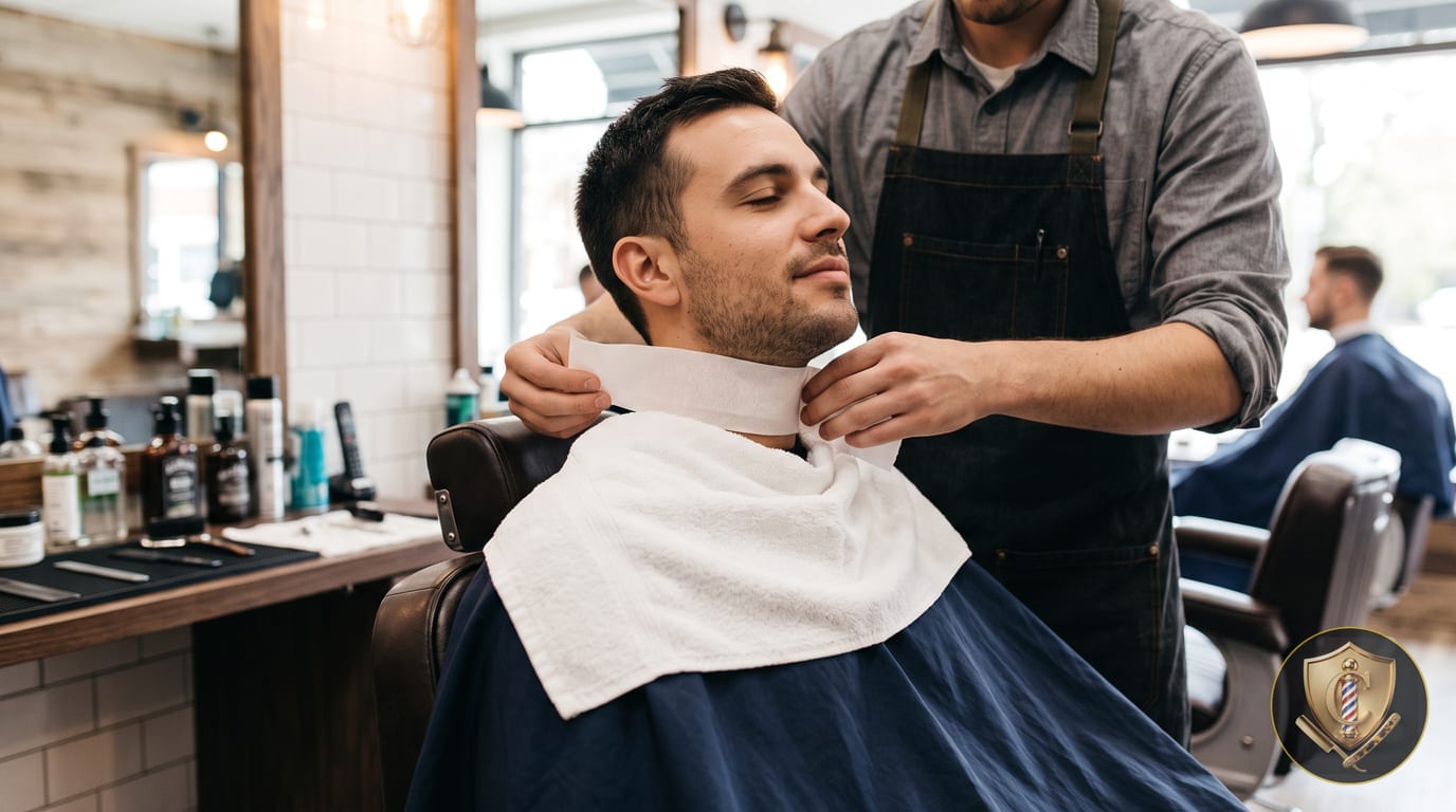 A barber fastening a paper neck strip around a seated client's neck, over a folded white towel and a navy cape.