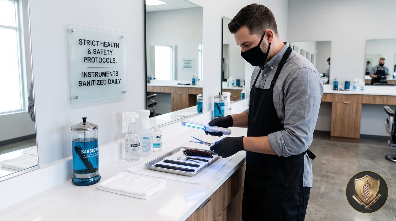 A masked barber in disposable gloves passes a UV sanitizing wand over combs, shears and clippers laid out on a metal tray, beside a jar of blue disinfectant.