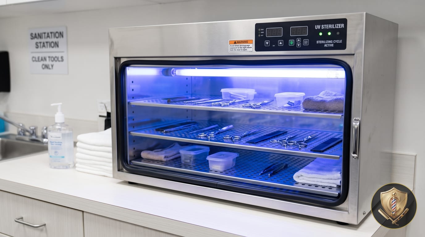 A stainless steel UV sterilizing cabinet glowing blue, its shelves holding shears, combs and folded towels, on a sanitation station counter.