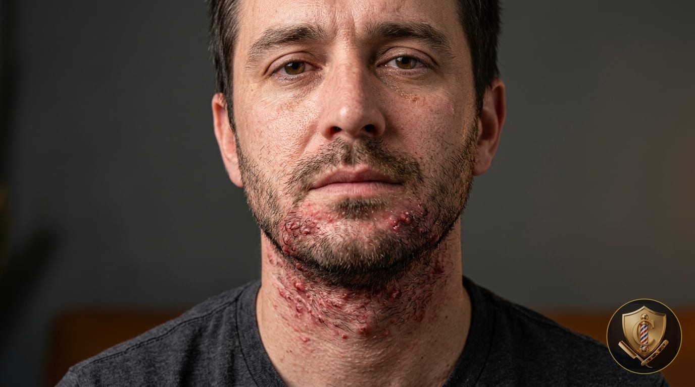 A man with inflamed razor burn and ingrown hairs across his jawline and neck.