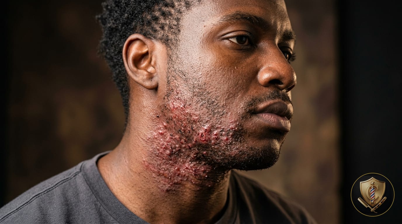 A man seen in profile with raised, inflamed ingrown hairs concentrated along his jaw and upper neck.