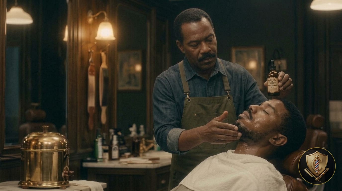 A barber holds a bottle of pre-shave oil and works it into a reclining client's jawline.