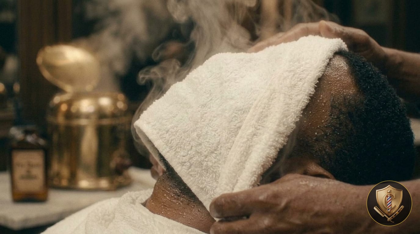 A steaming towel wrapped over a client's face, held in place by the barber's hands.