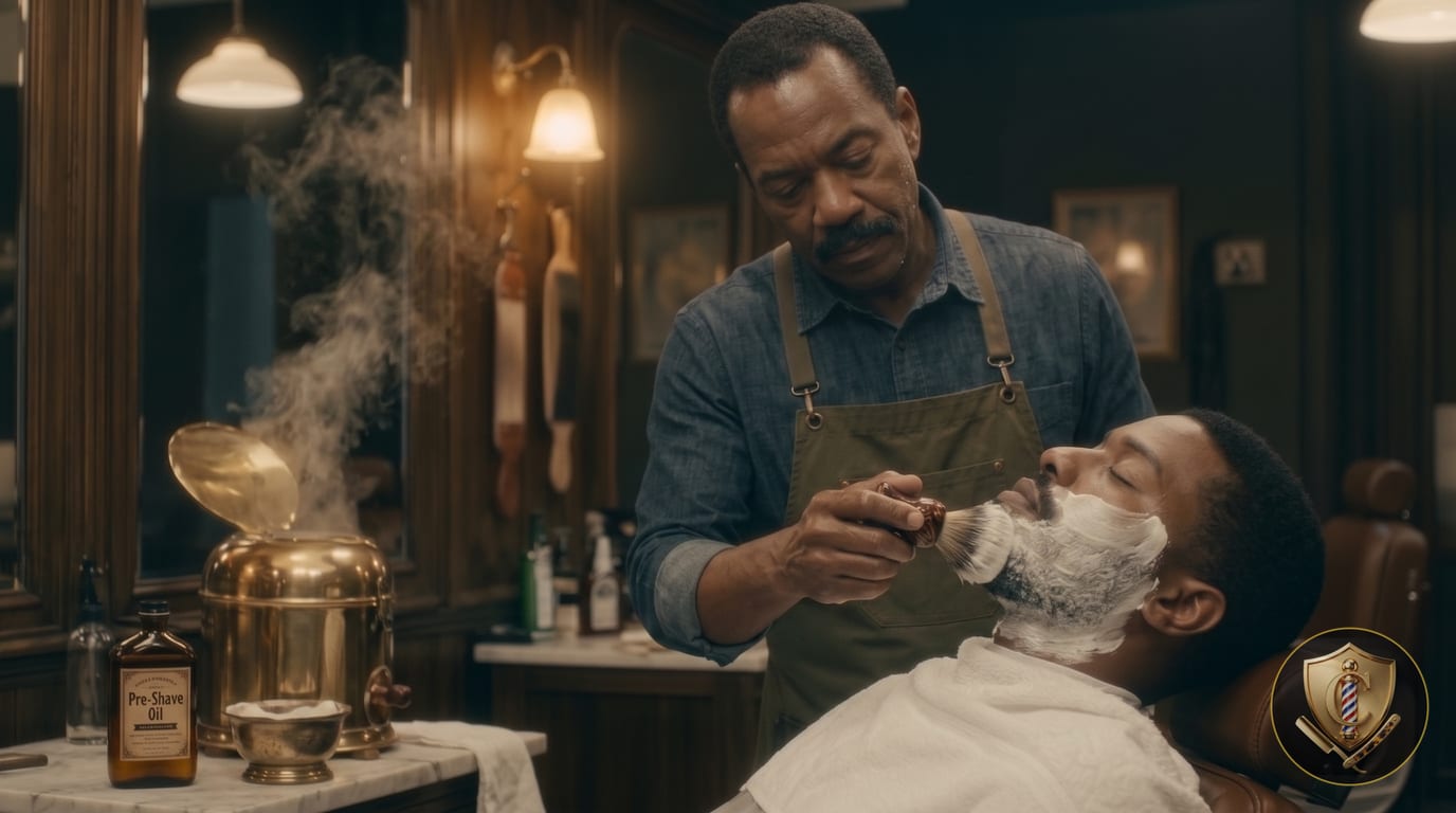 A barber works shaving lather into a reclining client's beard with a badger-hair brush.