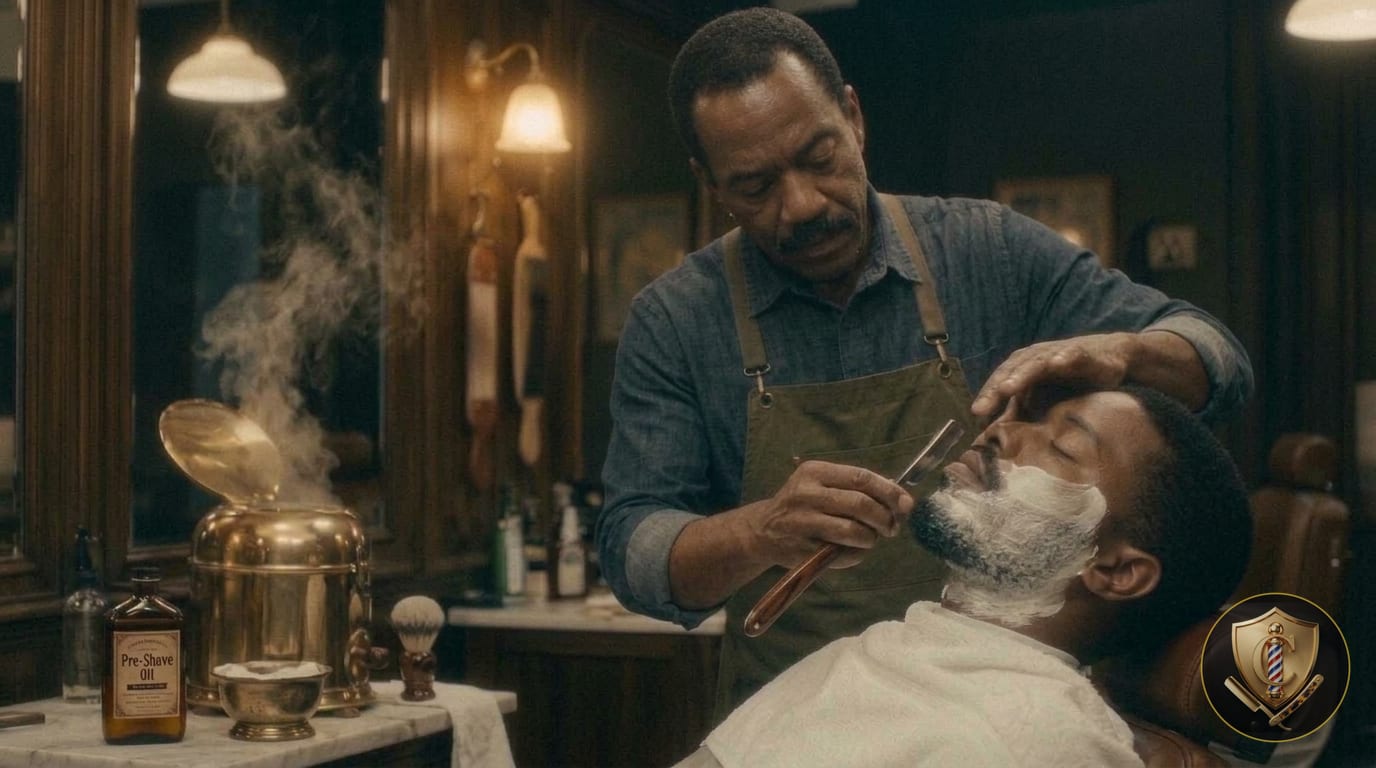 A barber draws a straight razor down a lathered cheek, skin held taut.