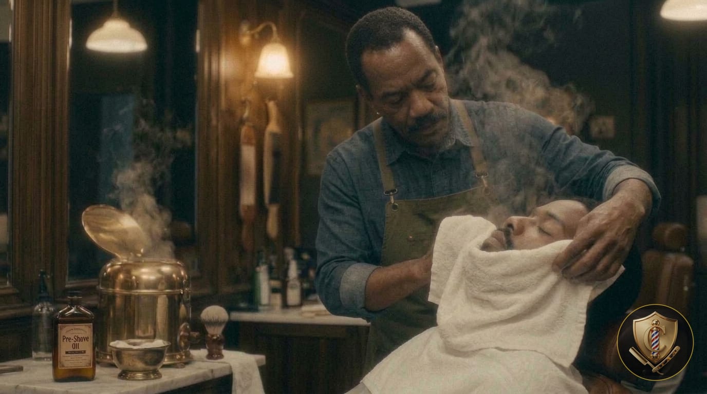 A second steaming towel laid across a partially shaved face.