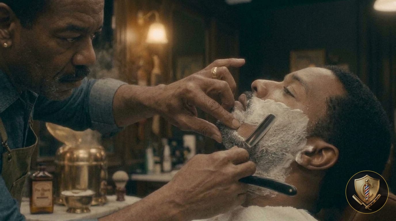 A barber steadies a client's chin and works a straight razor across the lathered jaw.