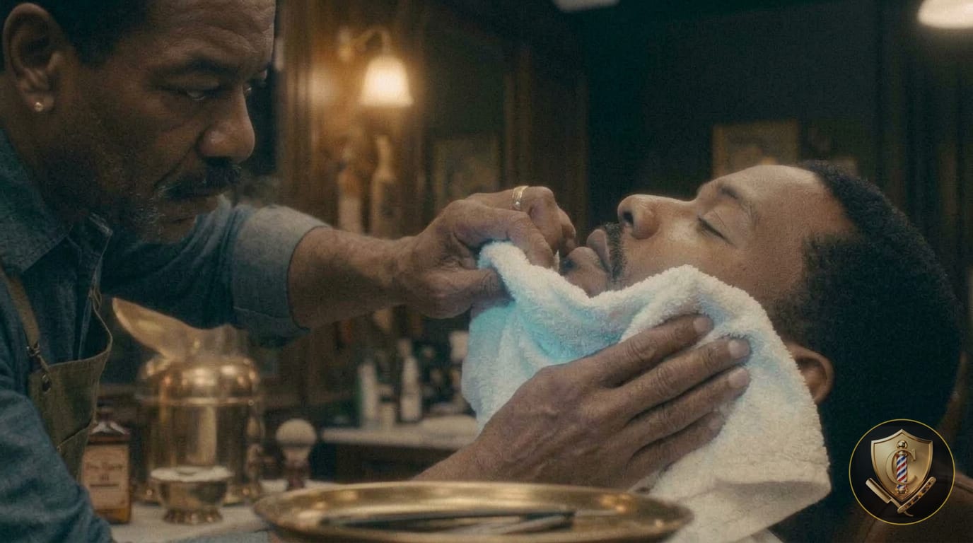 A barber presses a cool, pale-blue towel against a freshly shaved face.