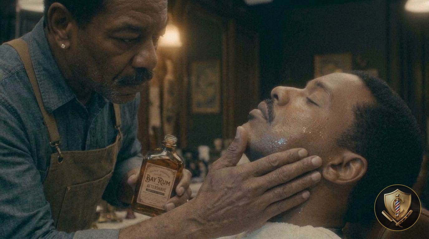 A barber holds a bottle of bay rum aftershave while palming it onto a clean-shaven cheek.
